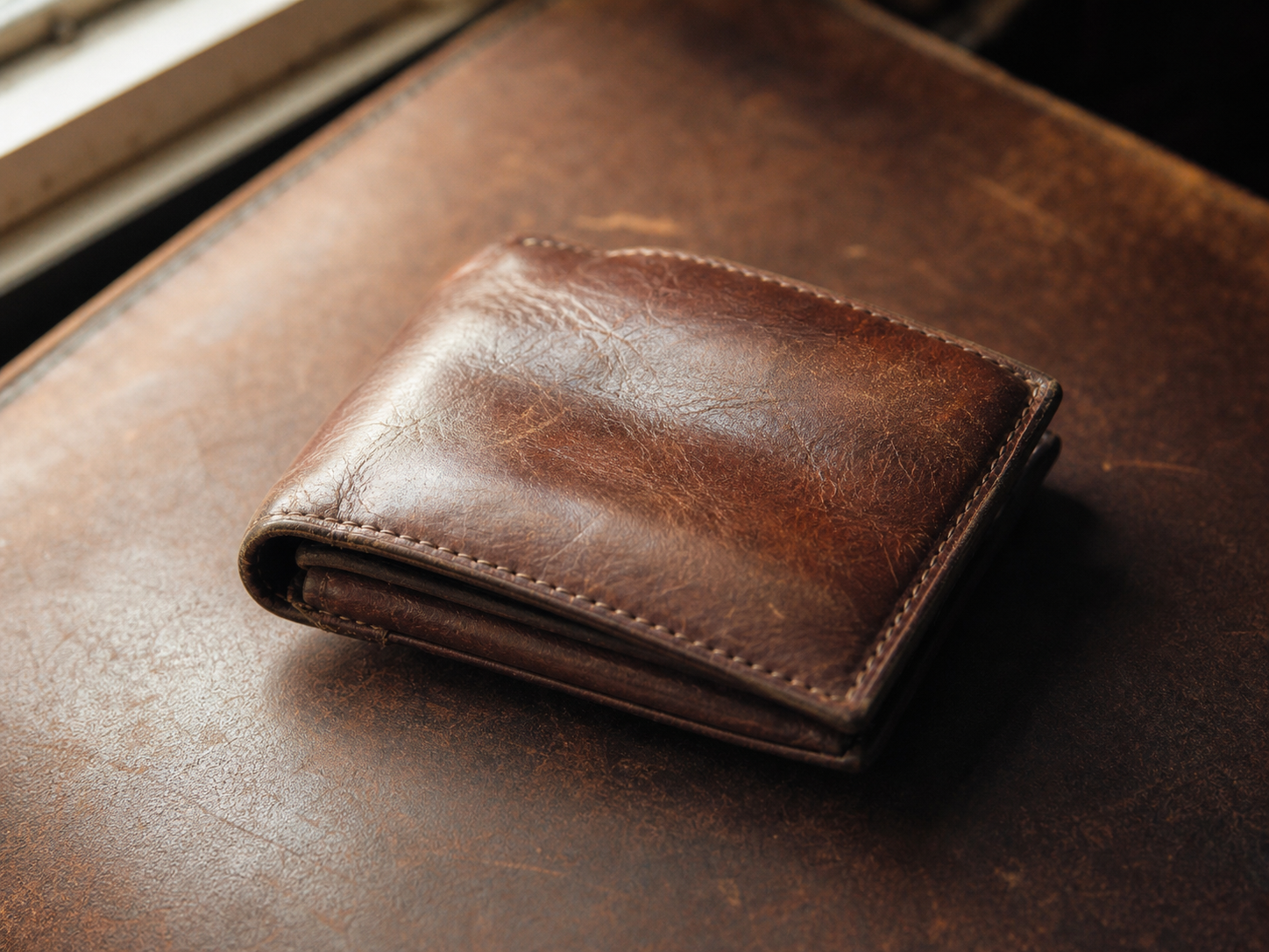 A well-worn cognac leather wallet with a rich patina