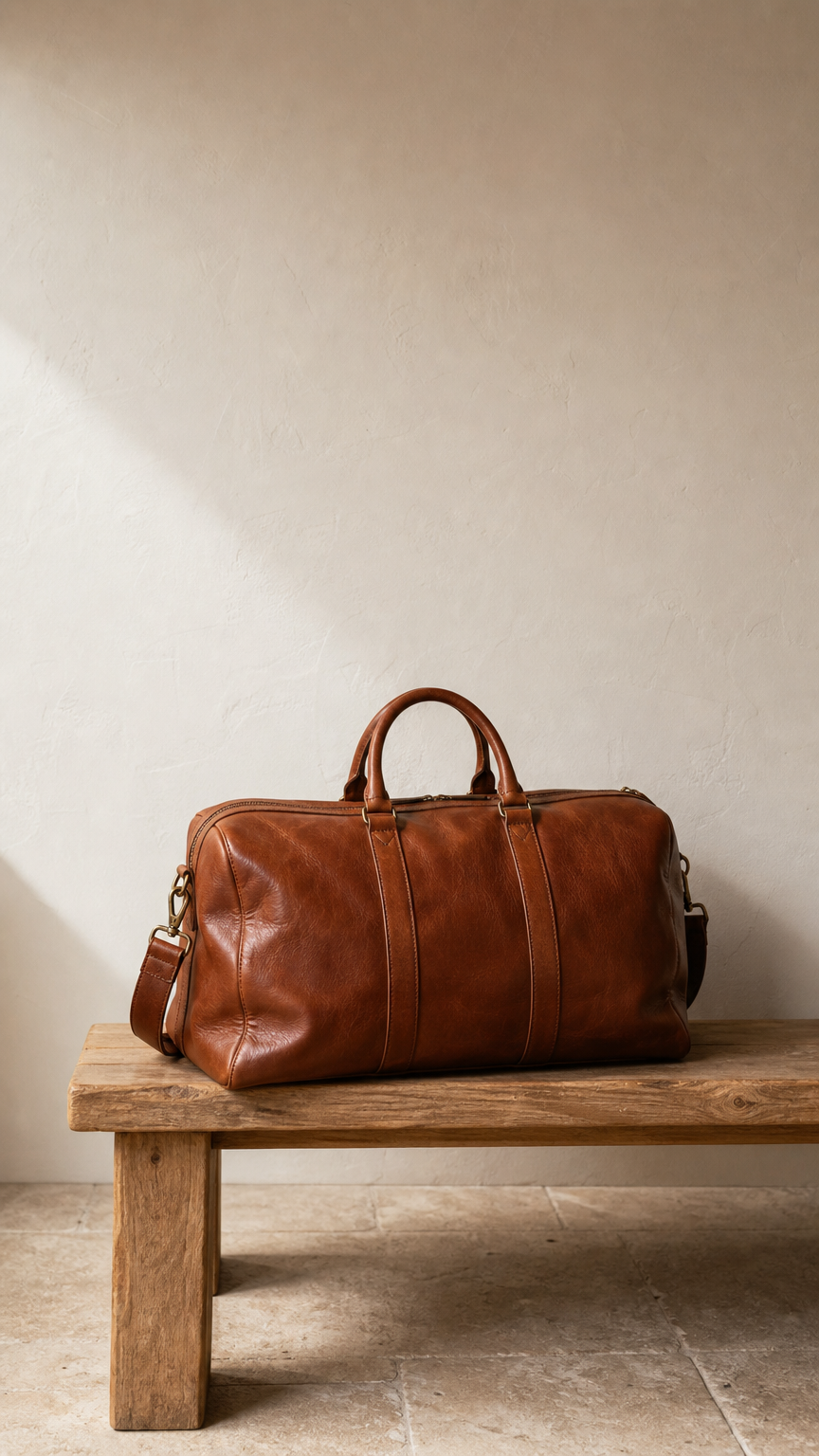 A cognac leather holdall on a bench