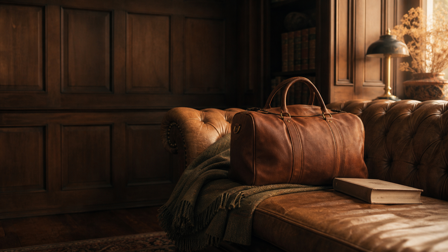 A cognac leather holdall on a chesterfield in a sunlit study