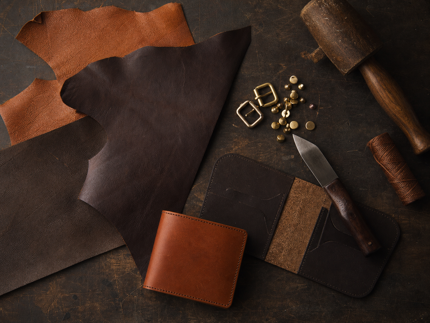 A leather workshop bench with hides, tools and brass fittings